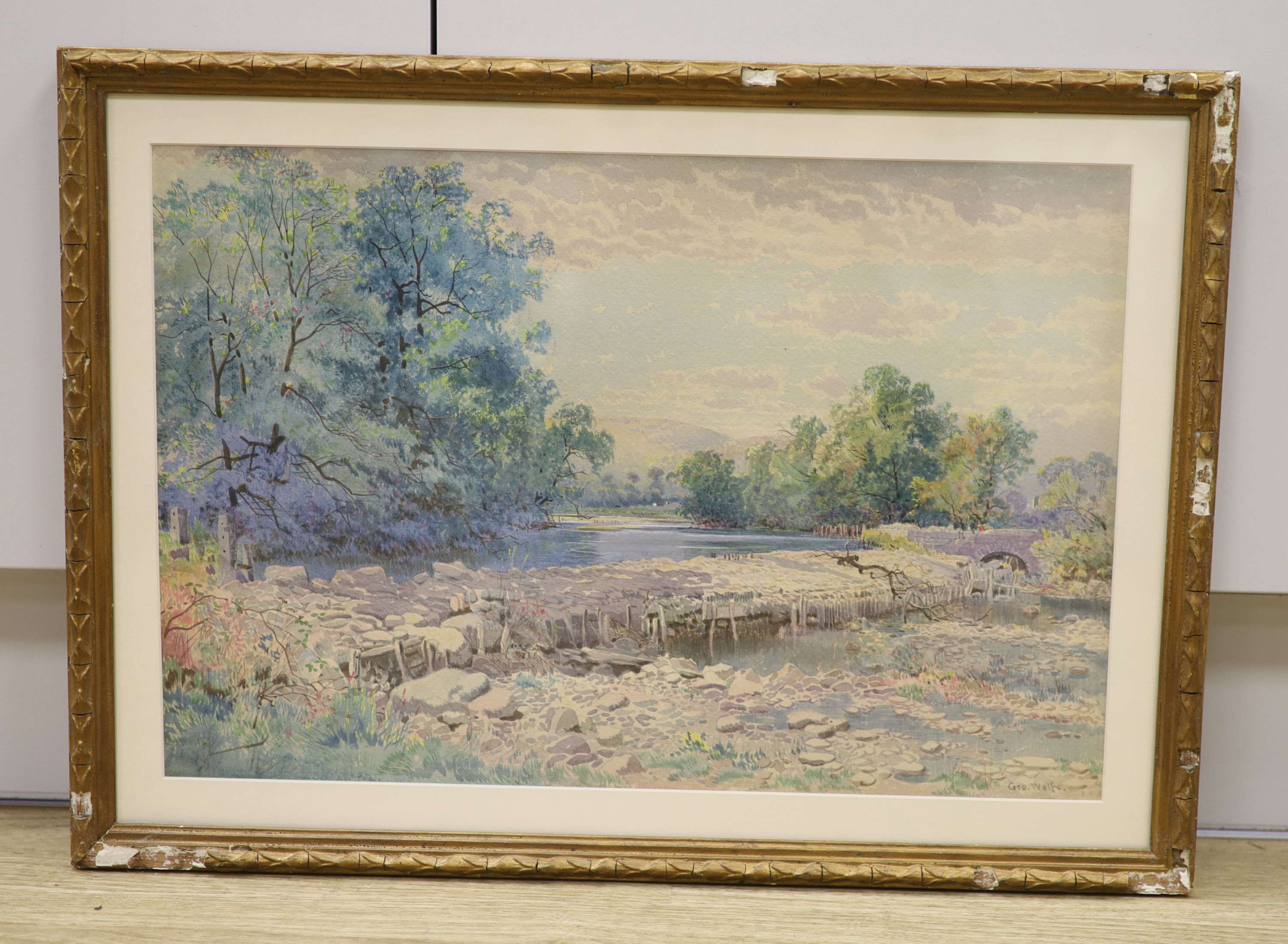George Wolfe (1834-1890), watercolour, River landscape with weir, signed, 33 x 50cm